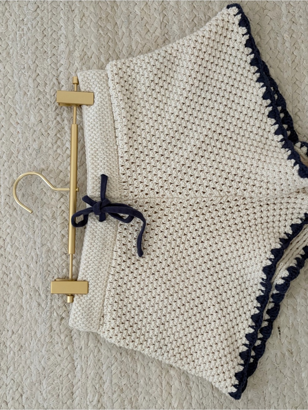 Cream Crochet Women's Drawstring Shorts with Navy Trim